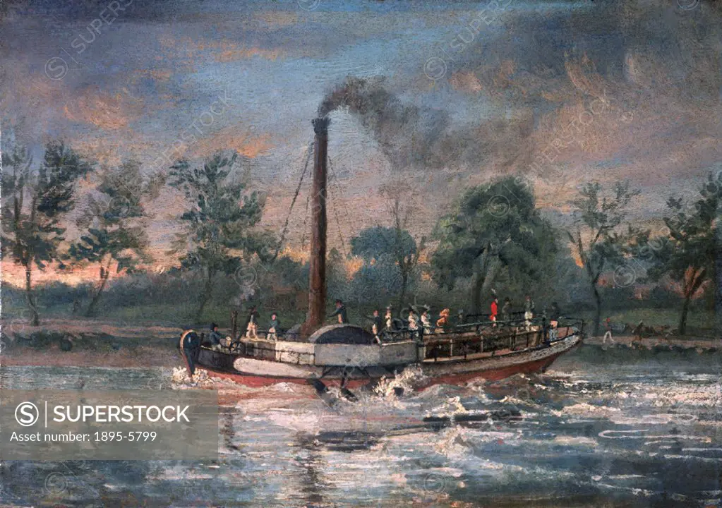 Painting by Alexander Nasmyth (1816). This paddle steamer was the first to run commercially in Europe. She was built of wood by John Wood and Co at Po...