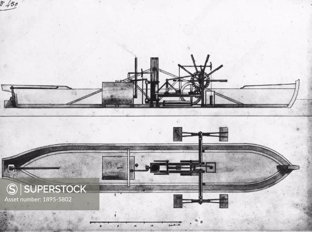 Robert Fulton´s original design for steamboat, 1803.