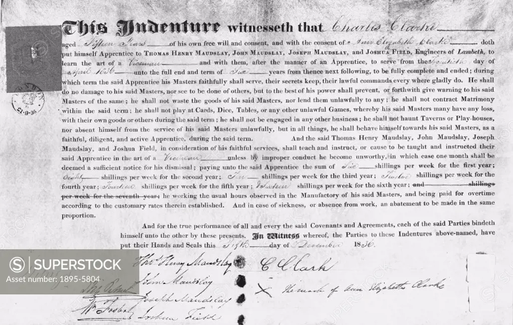Indenture of apprenticeship to the firm of Maudslay Sons and Field, 1836.