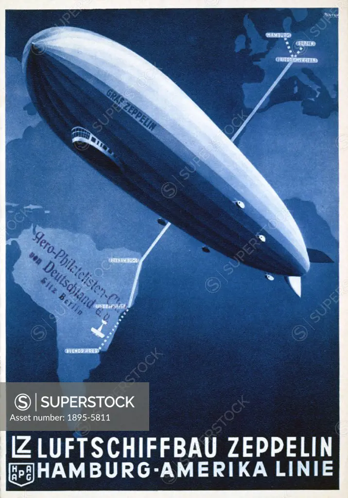 This brochure advertises flights between Hamburg and South America. Ferdinand Graf von Zeppelin (1838-1917), began working on plans for a gas-filled a...