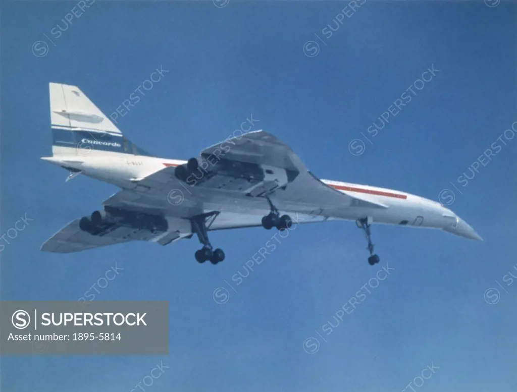 Photograph showing Concorde with its undercarriage and nose down, the configuration for landing the aeroplane. In 1959 the Supersonic Transport Aircra...