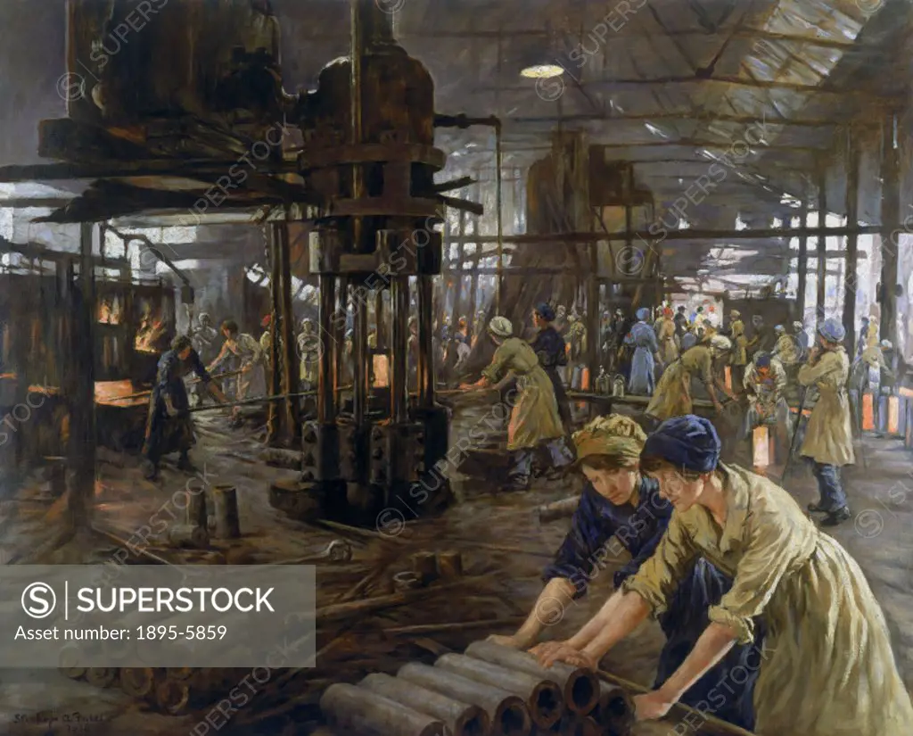 Oil painting by Stanhope Alexander Forbes (1857-1947), showing female operatives making 4 1/2 inch shells at the Kilnhurst Steel Works of John Baker a...