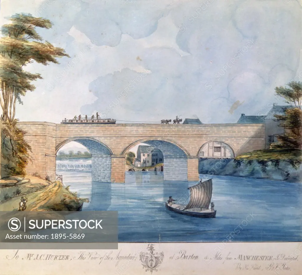 Watercolour by G F Yates. An inscription reads: ´To Mr J C Hunter, this view of the Aqueduct at Barton, 4 miles from Manchester, is dedicated by his f...