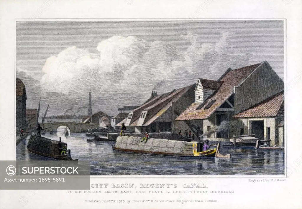 Engraving by F J Havell after a drawing by T H Shepherd, published by Jones and Company in 1827. The print shows canal boats passing waterfront buildi...