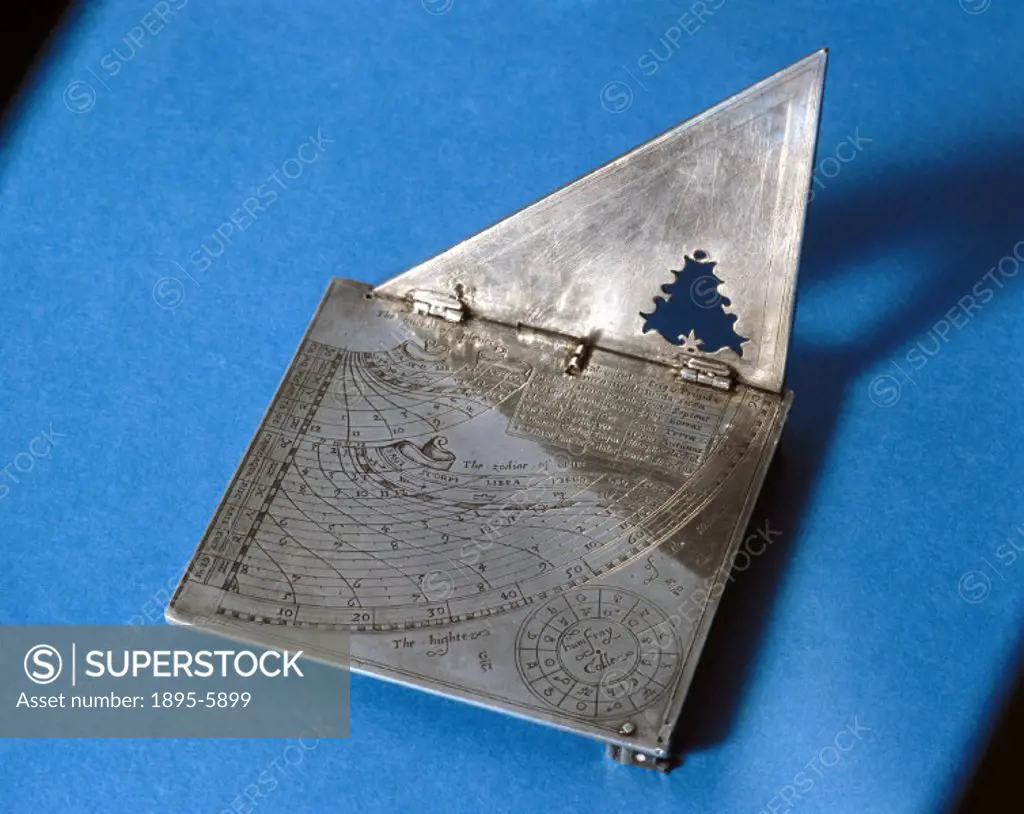 This pocket sundial, made of silver and signed with the name Humphrey Cole, is set for use in a latitude of 51 degrees, 30 seconds (that of London). T...