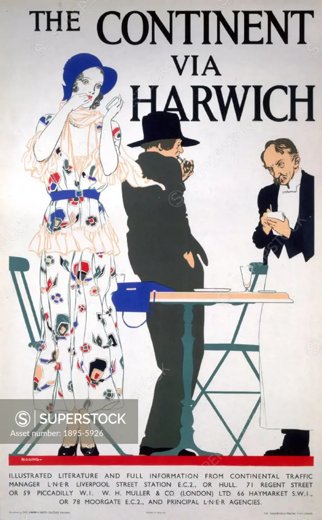 LNER poster. The Continent via Harwich by Higgins. Fashionable couple standing by cafe table while waiter takes order. Printed by the Dangerfield Prin...