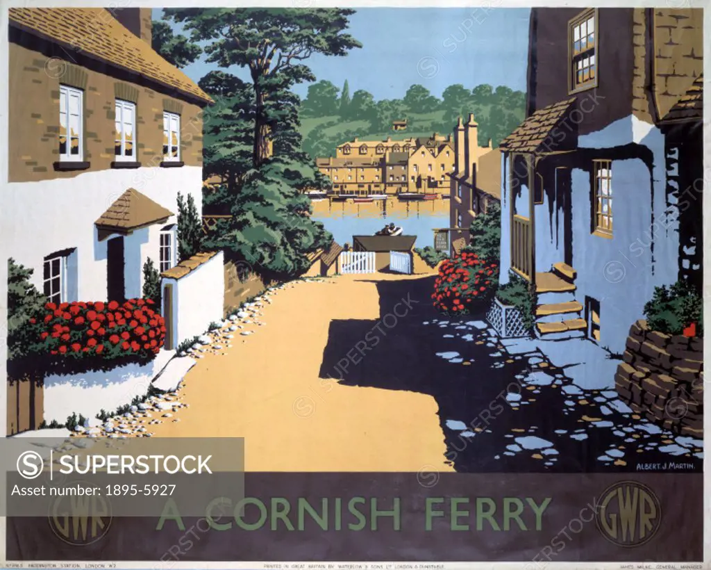 Great Western Railway poster showing a village street and gate with a ferry in the background. Artwork by Albert J Martin.