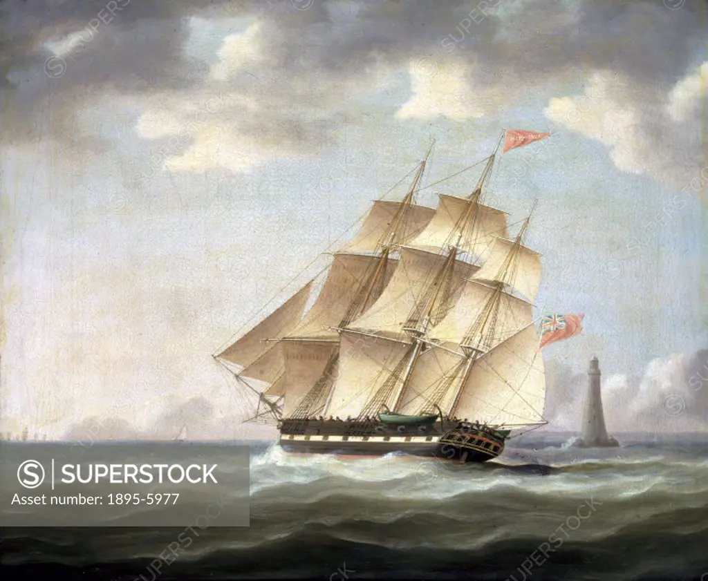 Oil painting dated c 1855-1870 of a whaling ship of the 1830s sailing near a lighthouse. The ship has a more elaborate stern than was usual in whalers...