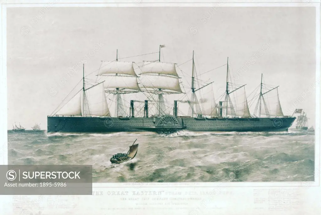 Lithograph by T G Dutton. This famous steamship, designed by Isambard Kingdom Brunel (1806-1859) for the Eastern Steam Navigation Company, was the lar...