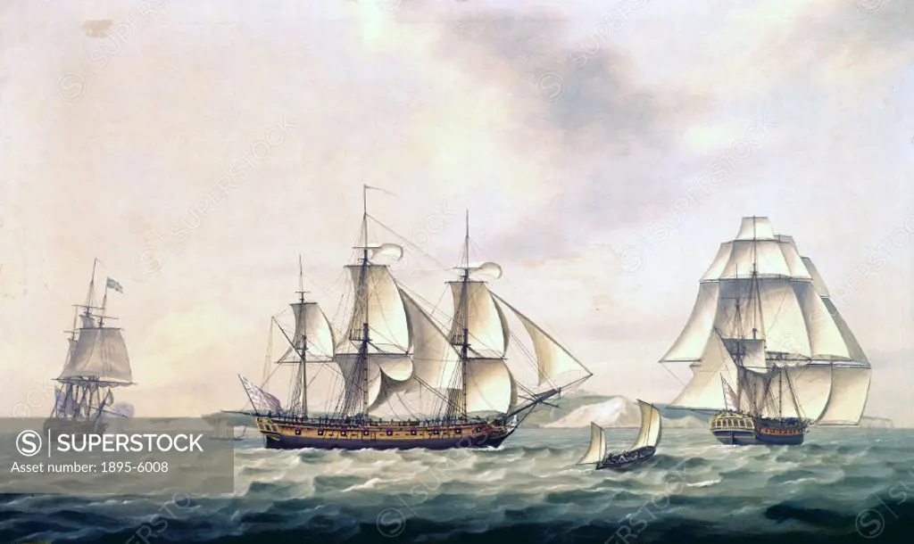 ´This shipbuilder´s painting was made by T Luny in 1788 representing the Swallow’, a packet of 18 guns and 345 tons burden. The Swallow was a good de...