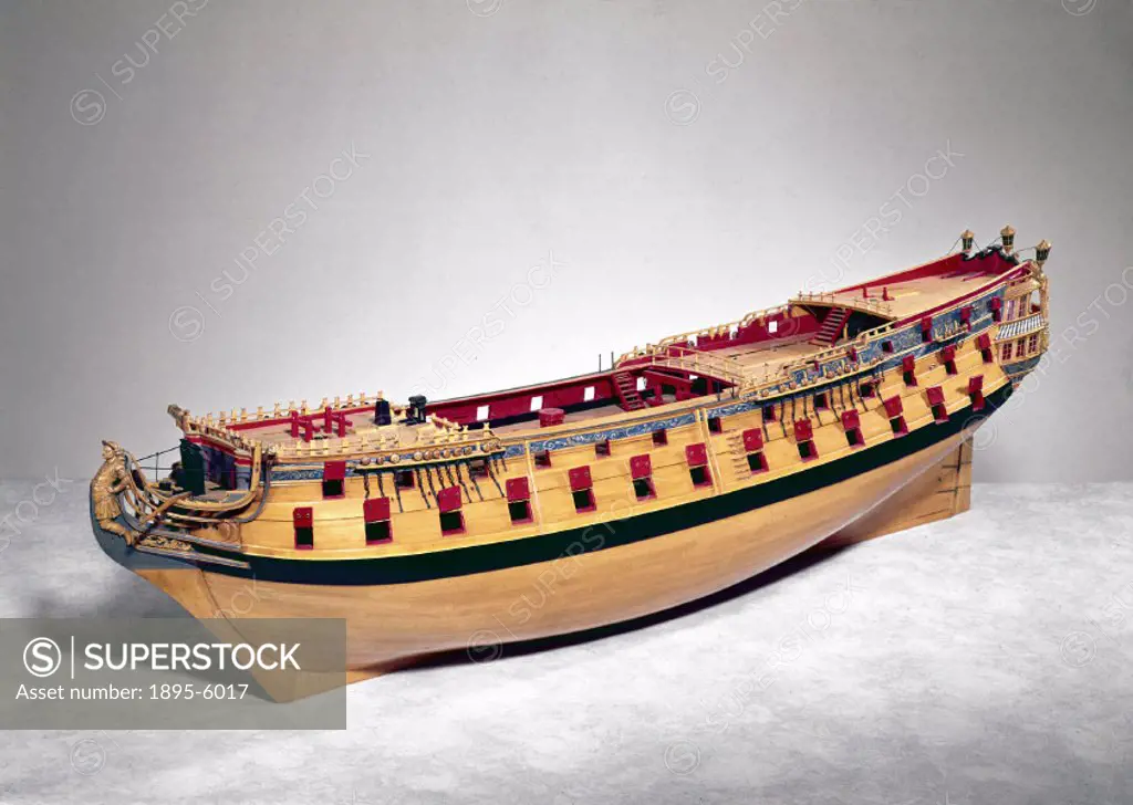 This contemporary unrigged model (scale 1:48) is typical of the 60-gun ships built between 1750 and 1760. The model shows that by the middle of the 18...