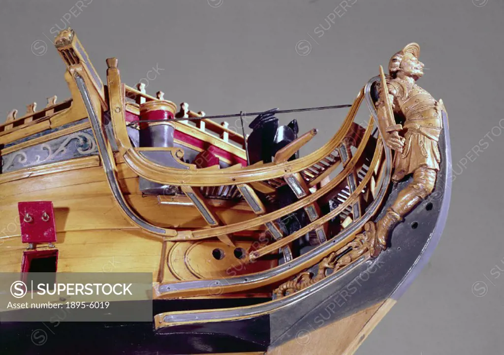 Unrigged model (scale 1:48) of a typical 60 gun ship. During the reign of Charles II, men-of-war other than First Rates used the crowned lion as a fig...