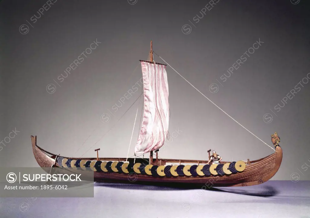 Rigged model of a ship found at Gokstad, Norway, in 1880, and now in Oslo. The development of the dugout consisted of adding overlapping longitudinal ...