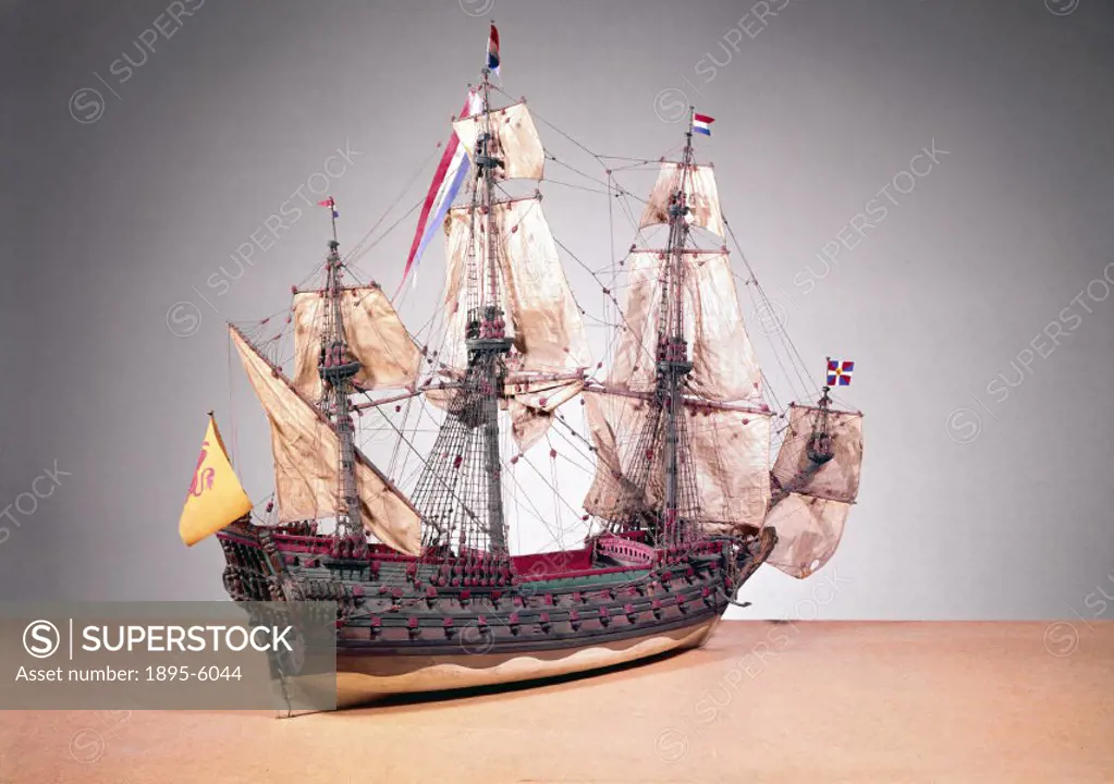 Model (scale 1:72). In the 17th century the Dutch Navy possessed few three-decked warships. The two-decked man-of-war, represented by the model, was p...