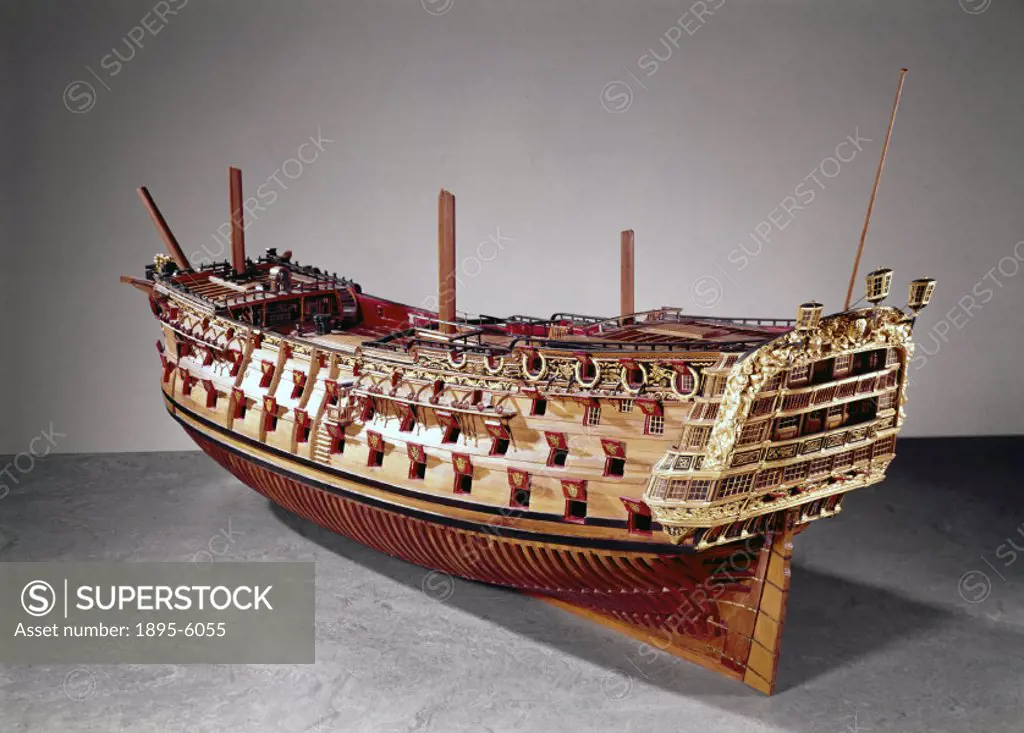 Unrigged model. This ship was built according to the 1706 Establishment. An Admiralty order of 1703 severely restricted the profuse carved and gilded ...