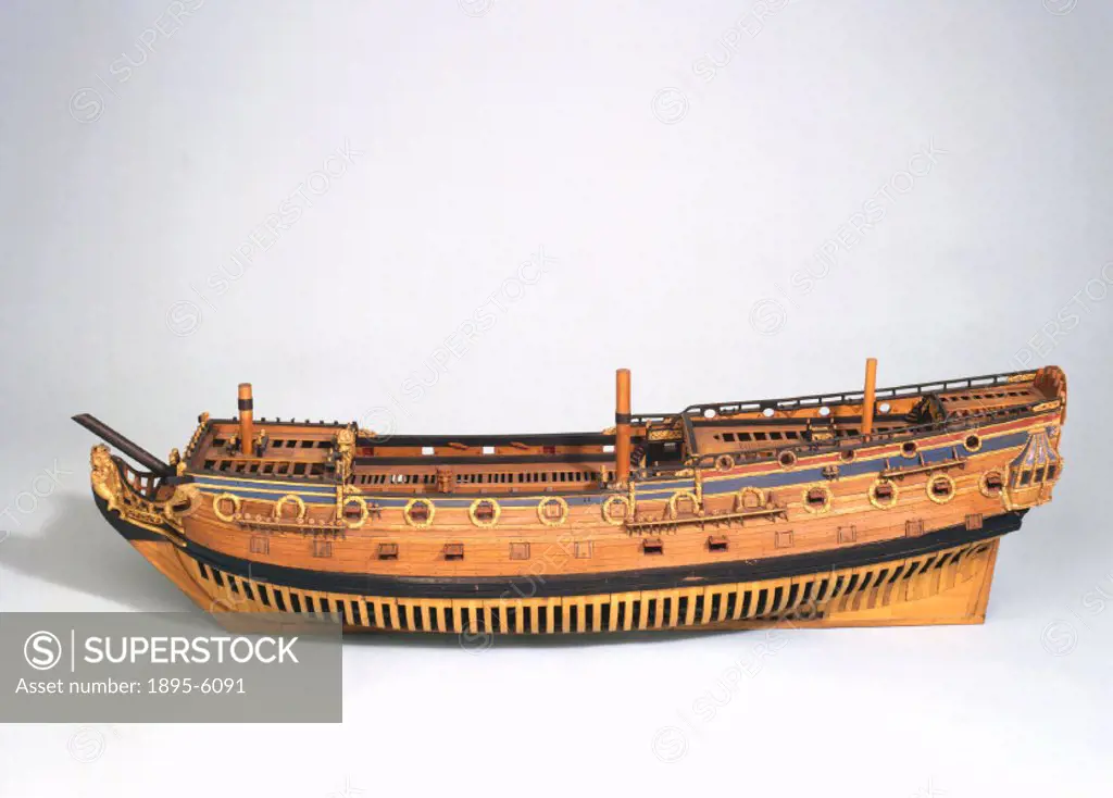 Unrigged model (scale 1:48). This 60-gun Fourth-Rate was built during the reign of King William III, and shows the elaborate carving and gilding of th...