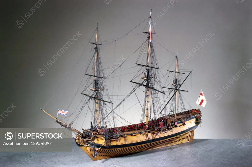 Contemporary model with original rigging (scale 1:48) of a Sixth-Rate of 20 guns made to the specifications of the 1719 Establishment. The design seem...