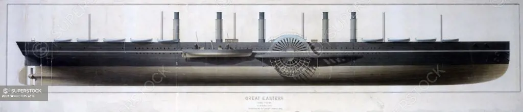 Watercolour drawing by John Scott Russell, scale 1:96. This famous steamship, designed by Isambard Kingdom Brunel (1806-1859) for the Eastern Steam Na...