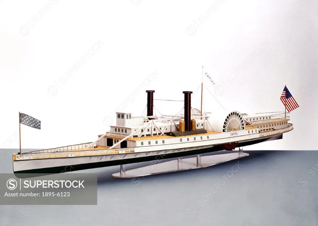 This early American paddle steamer was built of wood in 1843 in New York, for service between New York and Troy on the Hudson river. The emphasis of s...