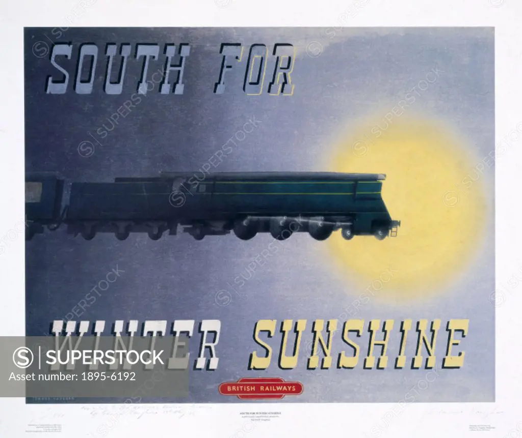 BR reproduction poster of a Merchant Navy Class locomotive and train heading into sunshine. The design was not published when it was first designed, a...