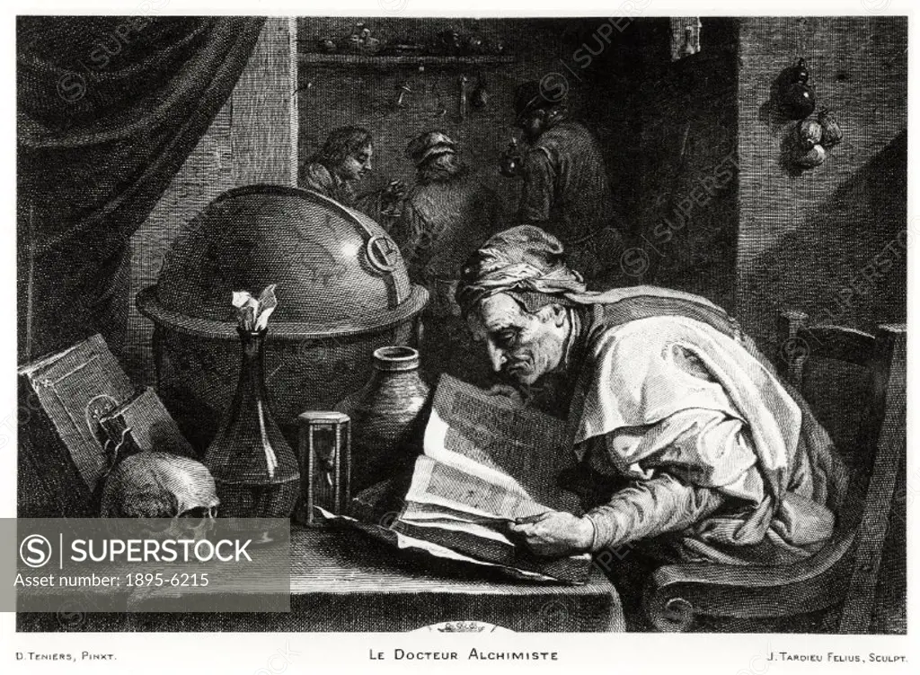 Le Docteur Alchimiste’, engraving by Jacques Nicolas Tardieu after a painting by David Teniers, showing an alchemist peering over a book, while his a...