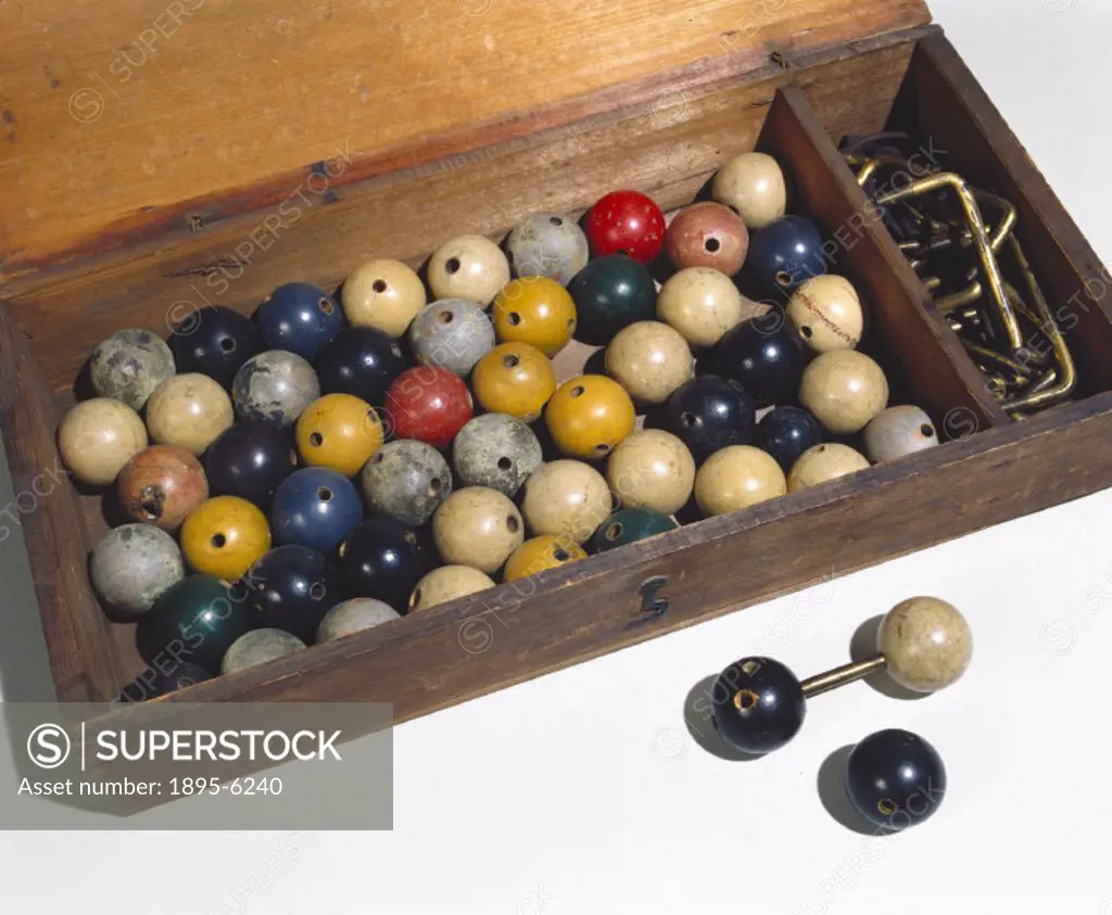 ´This is a glyptic type model consisting of a wooden box containing variously coloured wooden balls and two types of connectors; U-shaped metal rods, ...