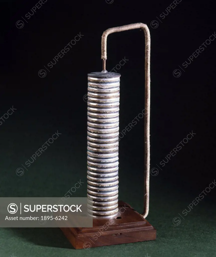 Reproduction of the Voltaic pile used by William Nicholson (1753-1815) and Anthony Carlisle (1768-1840) in 1800. A volta pile is a DC source, which co...