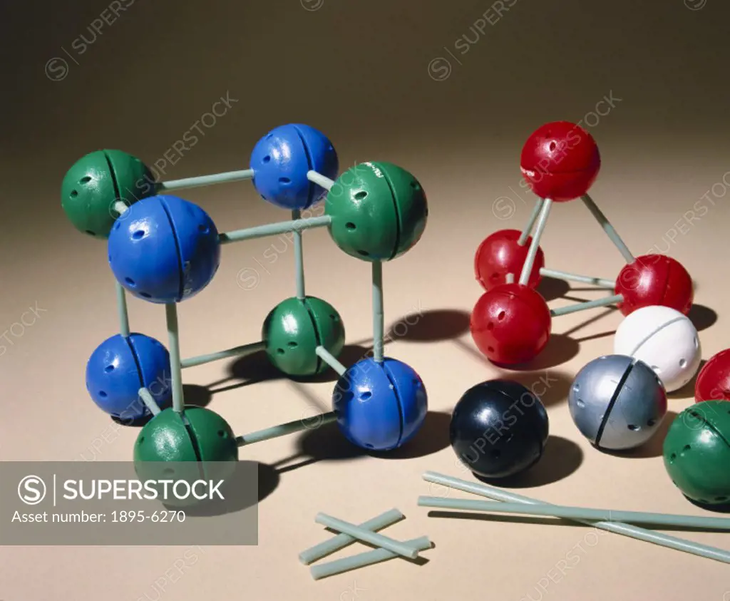 Made by Cochranes of Oxford Ltd. Each ball represents an atom of a chemical element, and can be connected to other atoms’ by means of bonds represent...