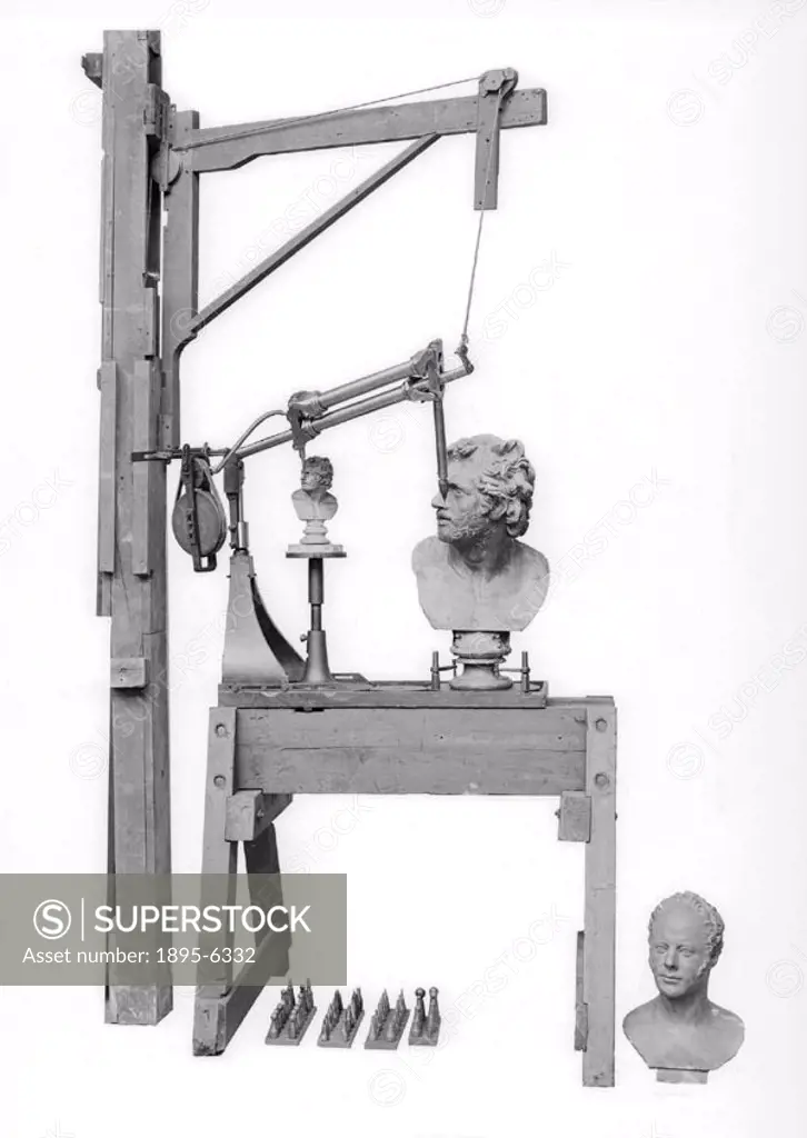 Machine for reproducing sculpture, invented by Benjamin Cheverton. On the machine is a large plaster bust of Diomedes, and a small alabaster rock vers...