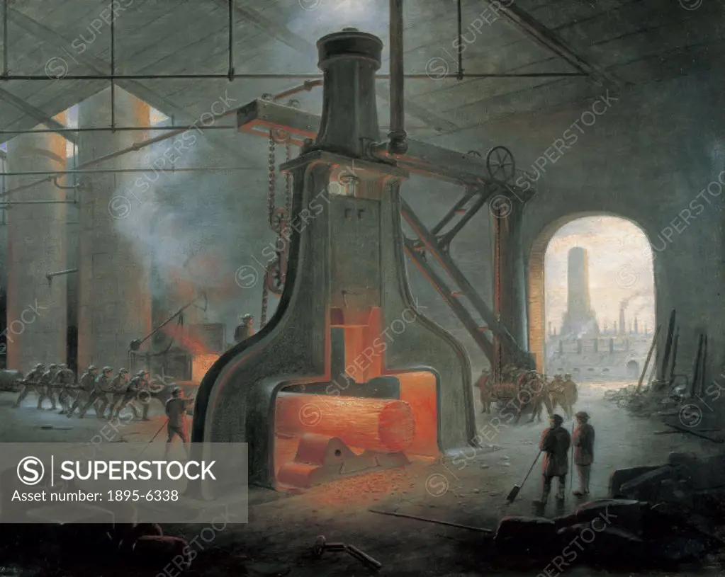 Oil painting by James Nasmyth (1808-1890), engineer and inventor of the steam hammer (invented in 1839, first demonstrated in 1845). The steam hammer ...