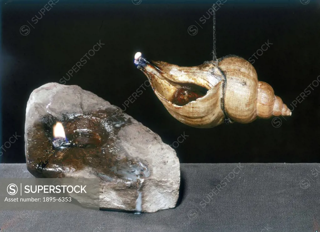 These two lamps, fashioned out of a hollow stone and a shell are examples of the most primitive lamps. These examples were probably used up until the ...