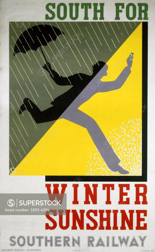Poster produced for the Southern Railway (SR) to publicise the south of England as a winter holiday destination, showing a silhouetted man carrying a ...