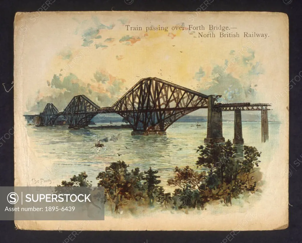 Illustration from ´The Book of Trains´, a children´s railway book. The steel cantilever structure of the bridge, which crosses the estuary of the Firt...