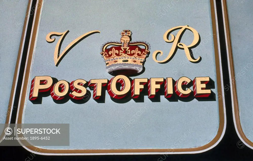 West Coast Joint Stock postal sorting van no 186 with lineside pick-up apparatus. Detail of lettering on side of carriage: ´VR Victoria Regina POST ...