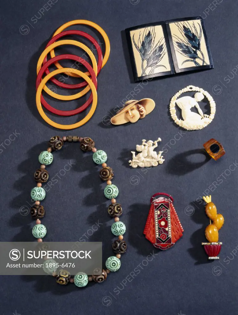 Selection of  jewellery from the John Jesse collection, 1910-1950. The items are made of a variety of plastics ranging from cellulose nitrate and case...
