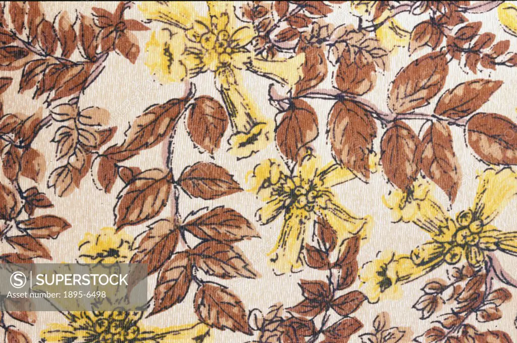 Detail of a piece of fabric made from artificial fibres, with a printed yellow and brown flower and leaf design. Viscose rayon is a regenerated cellul...