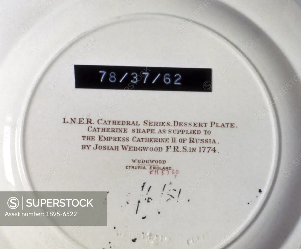 London North Eastern Railway (LNER) ´Cathedral´ series dessert plate, c 1934-39. Picture shows the back of plate and the lettering: ´AS SUPPLIED TO EM...