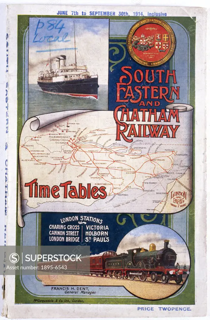 Illustrated front cover of a timetable produced for the South Eastern & Chatham Railway (SECR) in 1914, showing a passenger steamer ship, a steam loco...