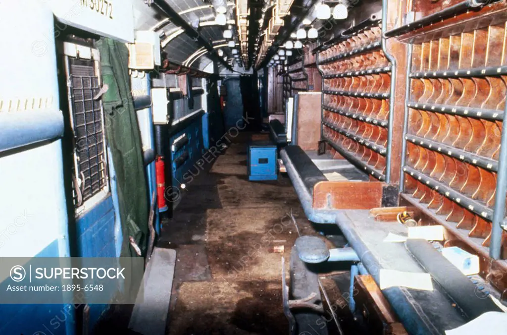 Sorting office on a British Rail mail train.