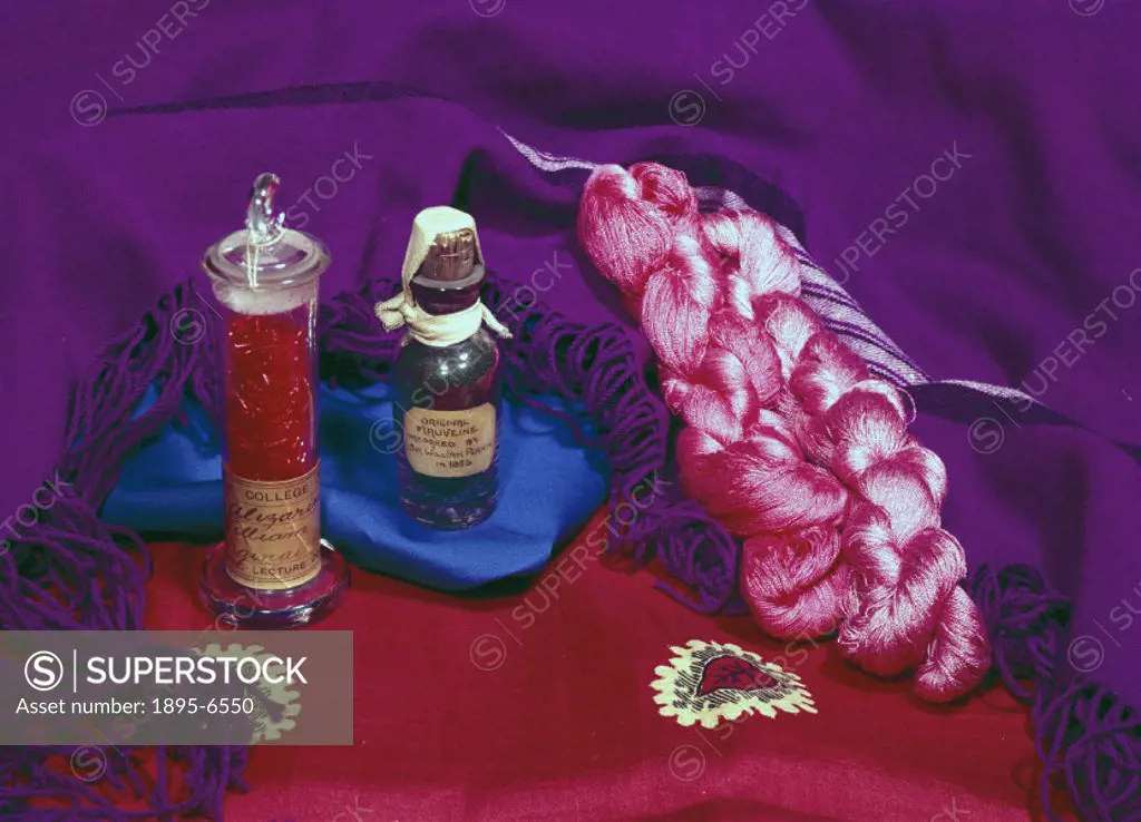 The bottle on the right is Perkin´s (1838-1907) original bottle of mauveine dye, labelled ´Original Mauveine prepared by Sir William Perkin in 1856´ (...