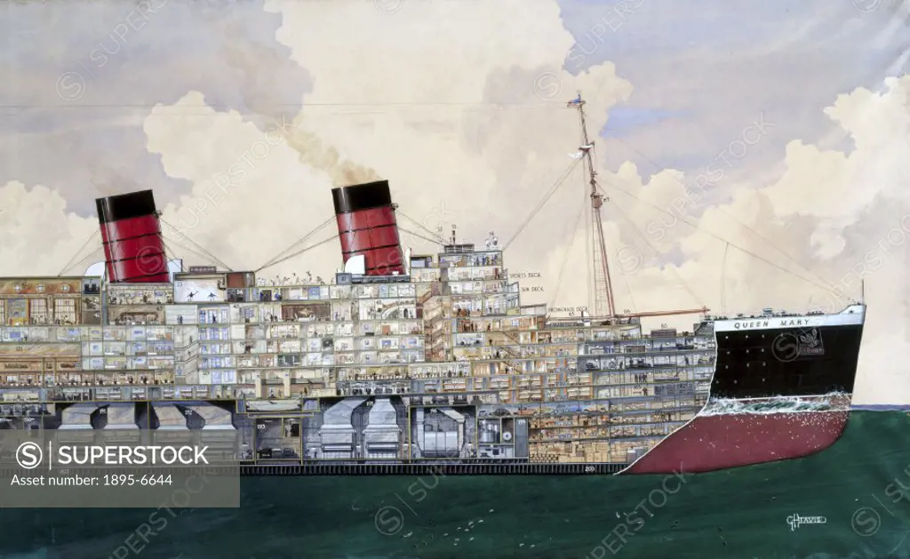 Sectional watercolour drawing (scale 1:130) by G H Davis, showing a cutaway view of the famous transatlantic liner. Built at Clydebank for Cunard Whit...