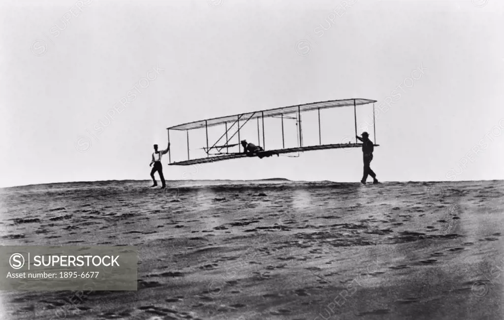 Photograph of the glider being launched. Orville Wright (1871-1948) and his brother Wilbur (1867-1912) were self-taught American aeroplane pioneers. T...