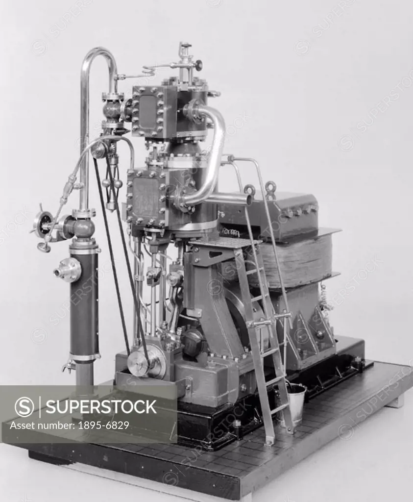 Model (scale 1:8) of a 100 hp vertical tandem compound steam engine, coupled to a Siemens Bi-Polar dynamo (in a fitted packing case). Siemens made the...