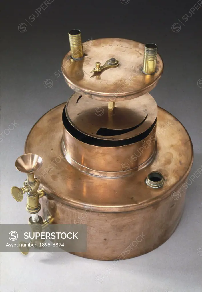 Prototype Alcock copper chloroform inhaler, manufactured by C F Palmer, London. This example is incomplete, with no provision for a thermometer. By th...