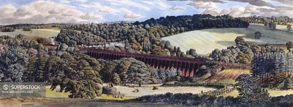 Carriage print by S R Badmin, produced for British Railways (BR), showing a steam locomotive travelling over the Welwyn Viaduct in the Hertfordshire c...