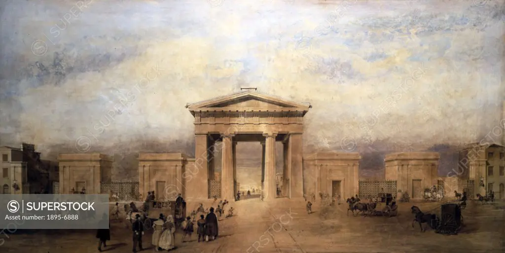 Watercolour showing Euston Arch and flanking buildings with figures in the foreground. Railway architecture symbolished the pride felt by railway dire...
