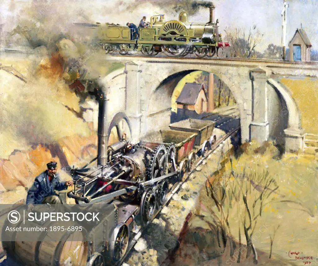 Oil painting from 1954 by Terence Tenison Cuneo (1907-1996) showing Richard Trevithick´s (1771-1883) Pen-y-Darren locomotive and Francis Trevithick´s ...
