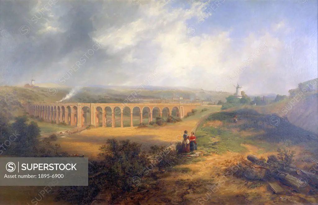 Oil painting by James Wilson Carmichael (1800-1868), showing two women in foreground and cattle passing along the London Road beneath the viaduct on t...