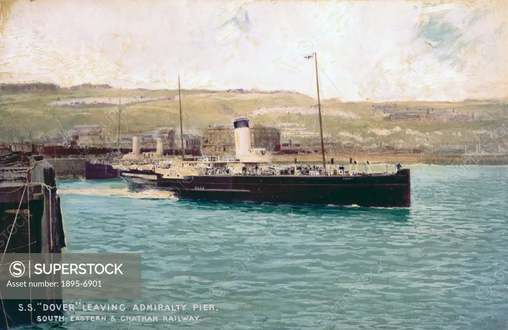 Painted photograph by Jack Hill showing the SS Dover’, a passenger vessel operated by the South Eastern & Chatham Railway. The Dover carried passenge...