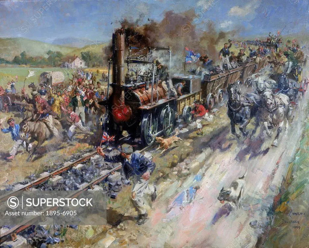 Oil painting by Terence Tenison Cuneo, 1949. The Stockton & Darlington Railway was the world´s first public railway. It was built under the guidance o...